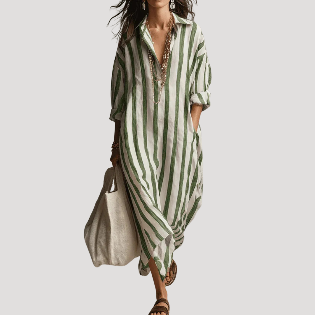 Robe Chemise Femme Rayée en Lin Longue