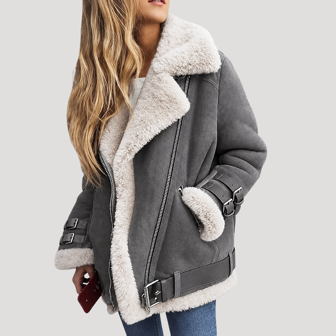 Veste Biker Femme Zippée avec Doublure Peluche