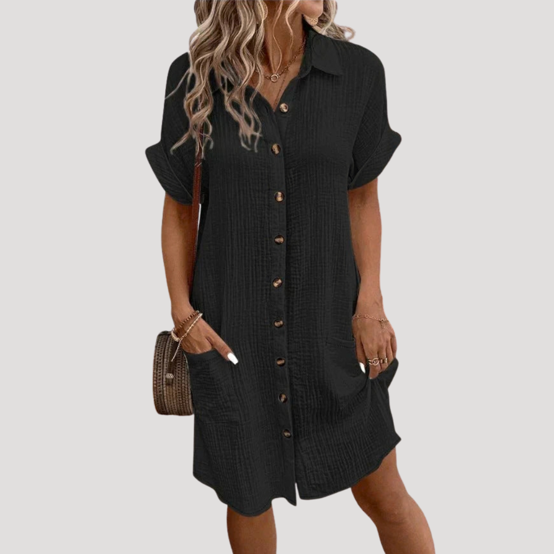 Robe trapèze courte chemise boutonnée élégante d’été