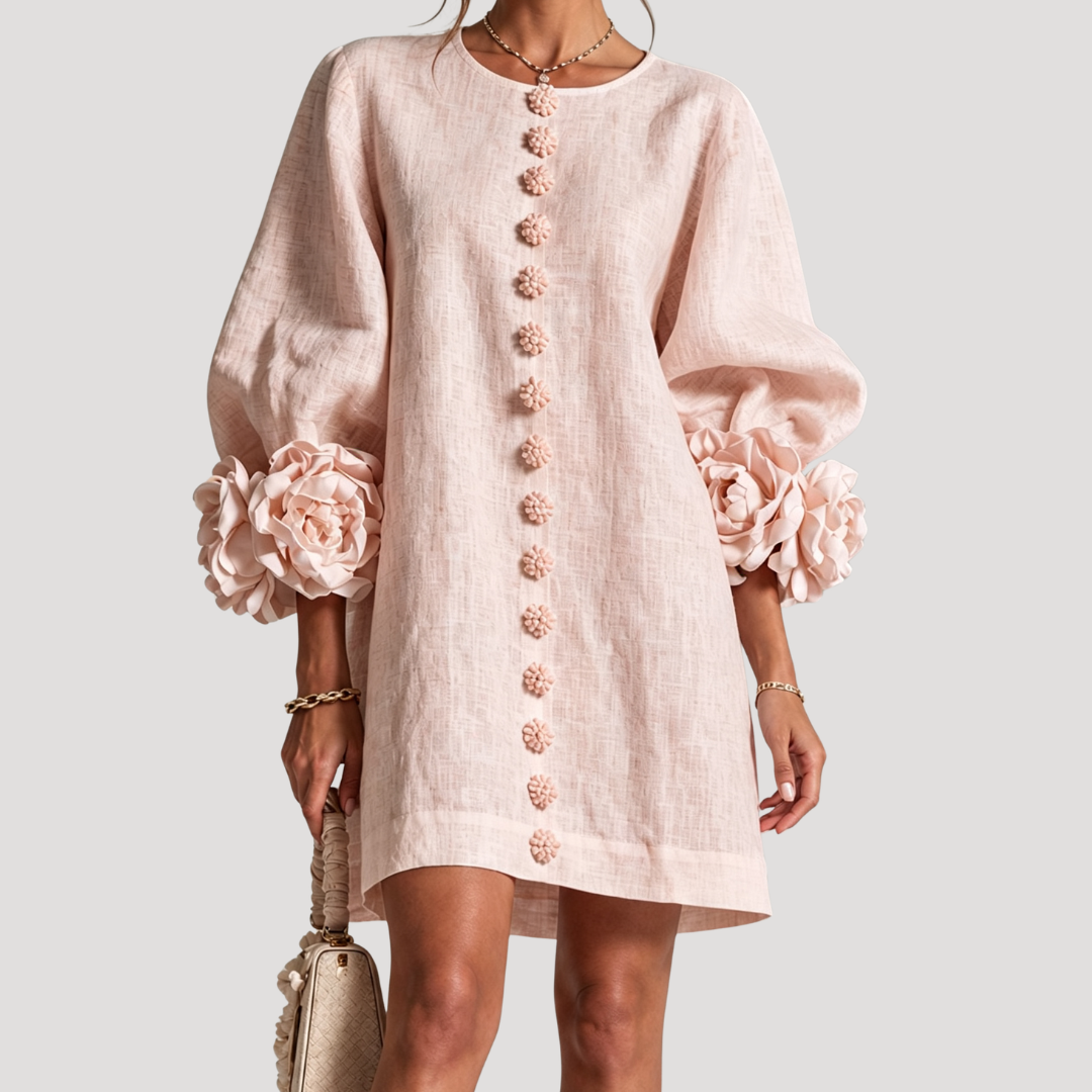 Robe courte femme à manches bouffantes et détails fleuris