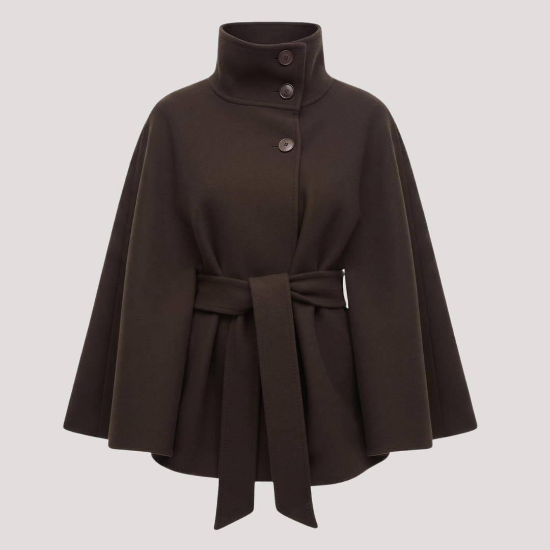 Manteau cape femme ceinturé à col montant