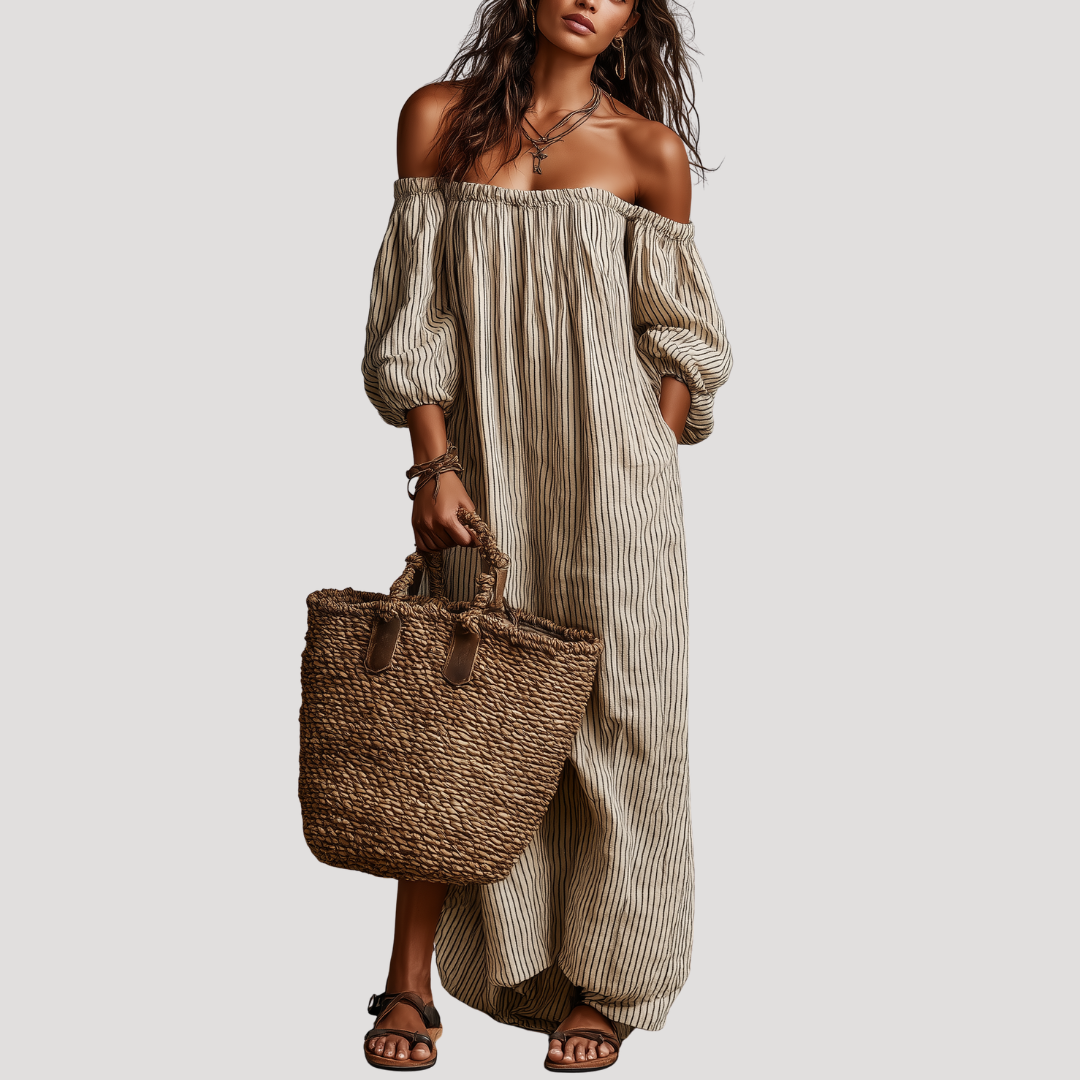 Robe Longue Épaules Dénudées Rayée Bohème