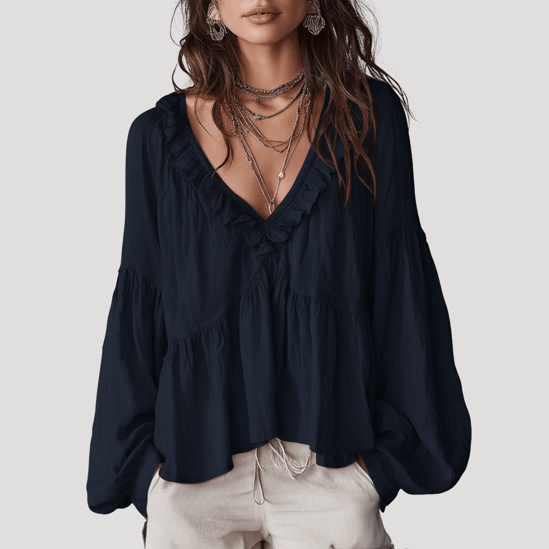 Blouse Femme Col V à Volants Manches Longues