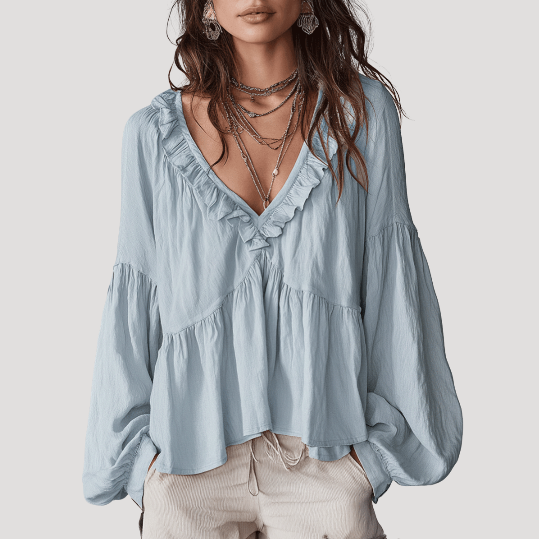 Blouse Femme Col V à Volants Manches Longues
