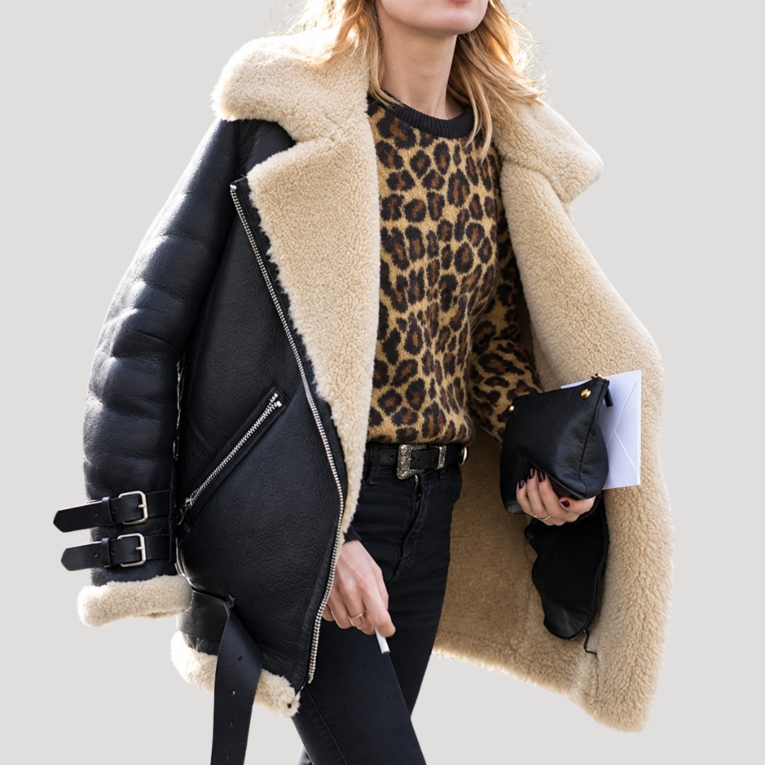 Veste Biker Femme Zippée avec Doublure Peluche