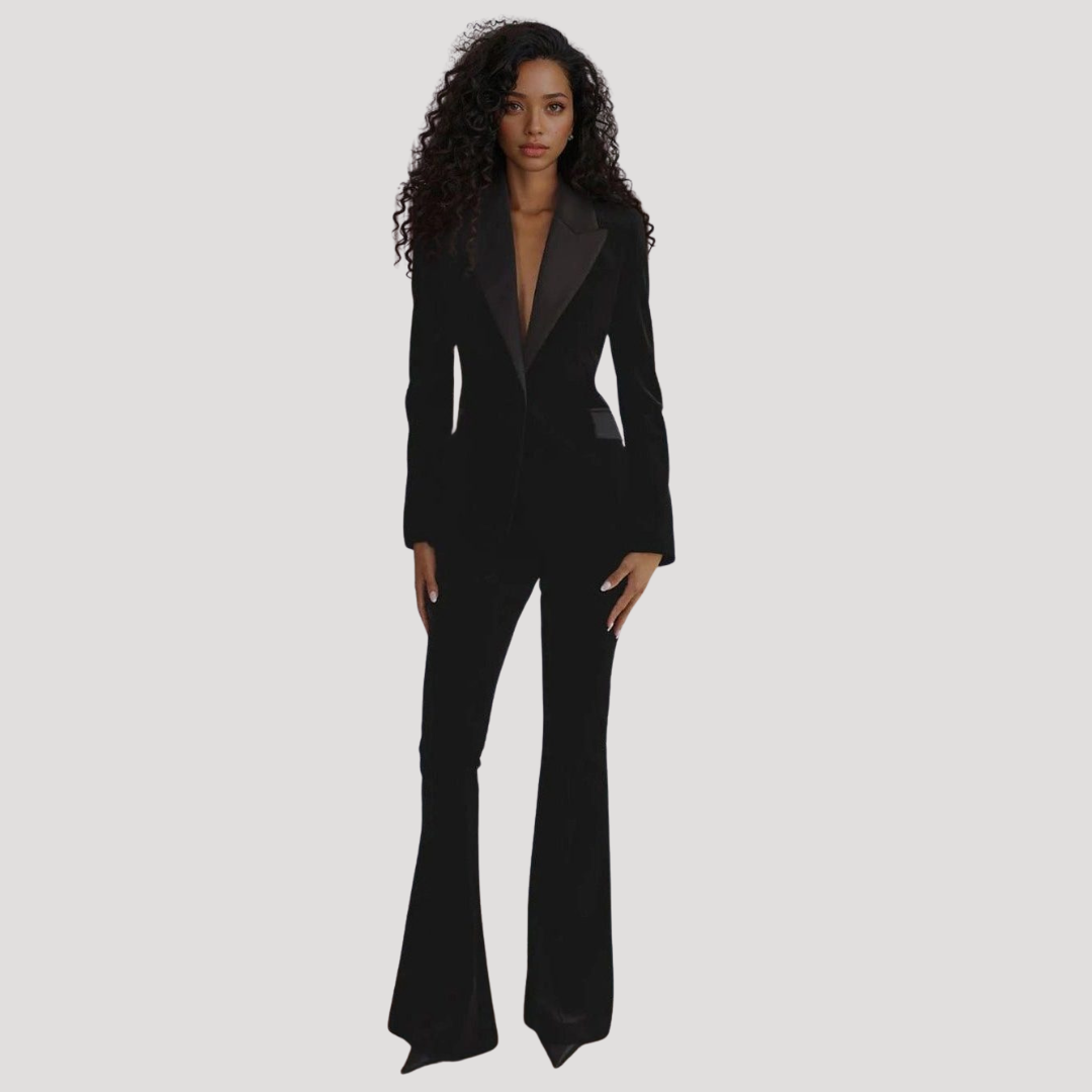 Tailleur Femme en Velours à Blazer Ajusté et Pantalon Évasé
