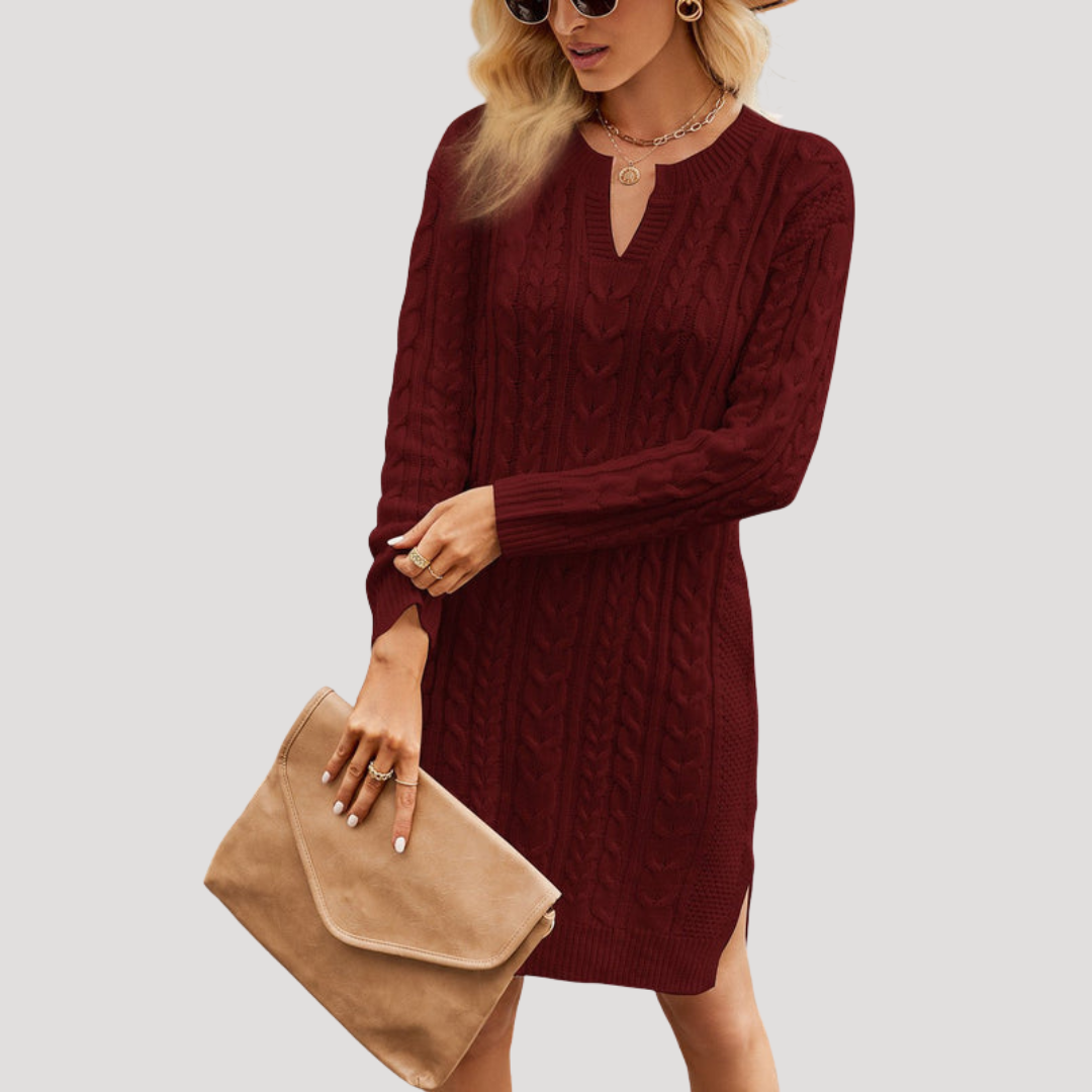 Robe Midi Femme en Maille Torsadée Manches Longues