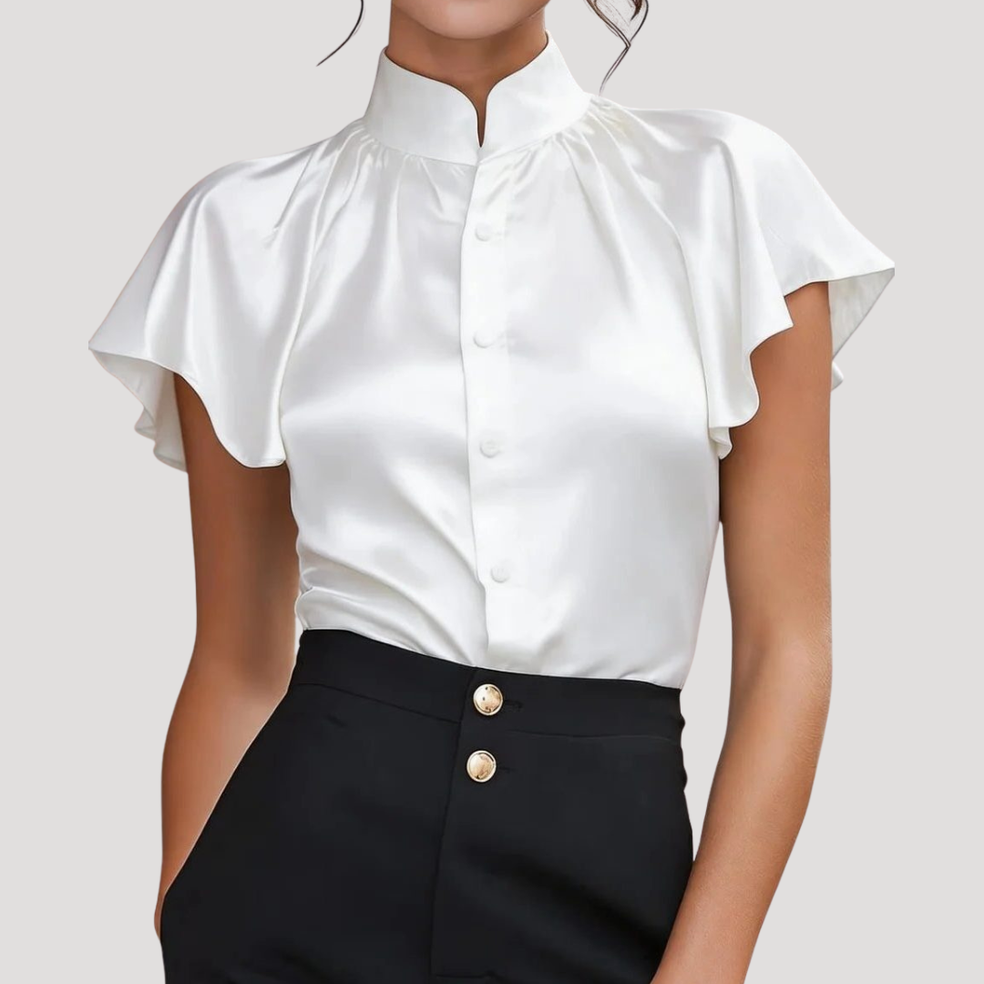 Blouse Satinée Femme Élégante à Col et Manches Volantées
