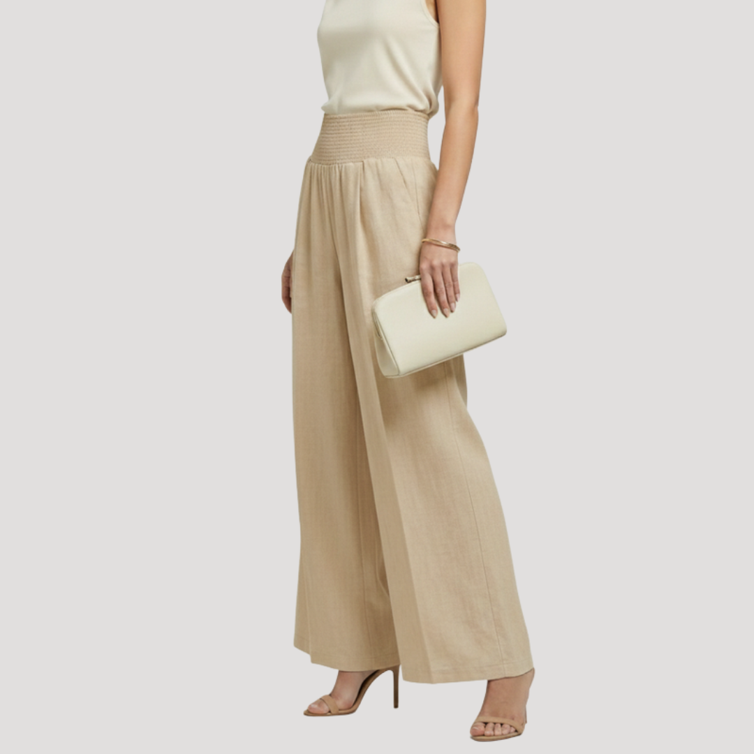 Pantalon Femme Taille Smockée Jambes Larges