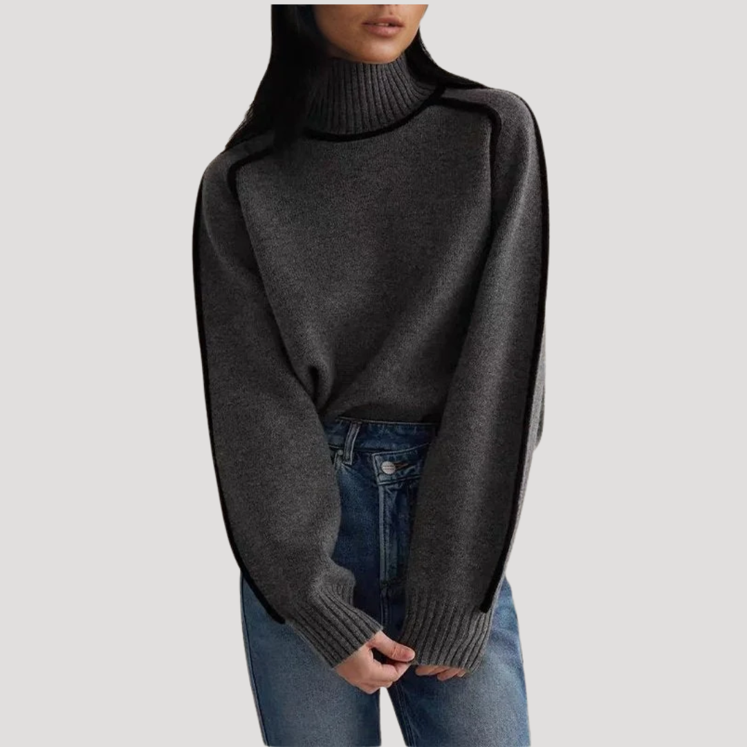 Pull Femme Col Montant à Bordures Contrastées