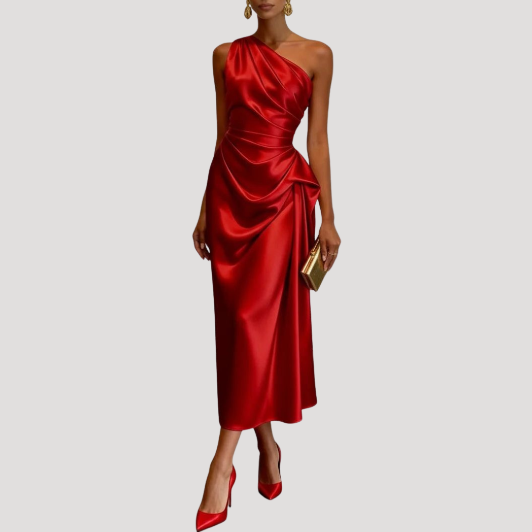 Robe Midi Satinée Une Épaule Femme