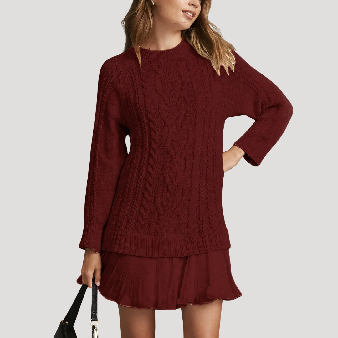 Robe Mini Femme en Maille Torsadée à Ourlet Plissé