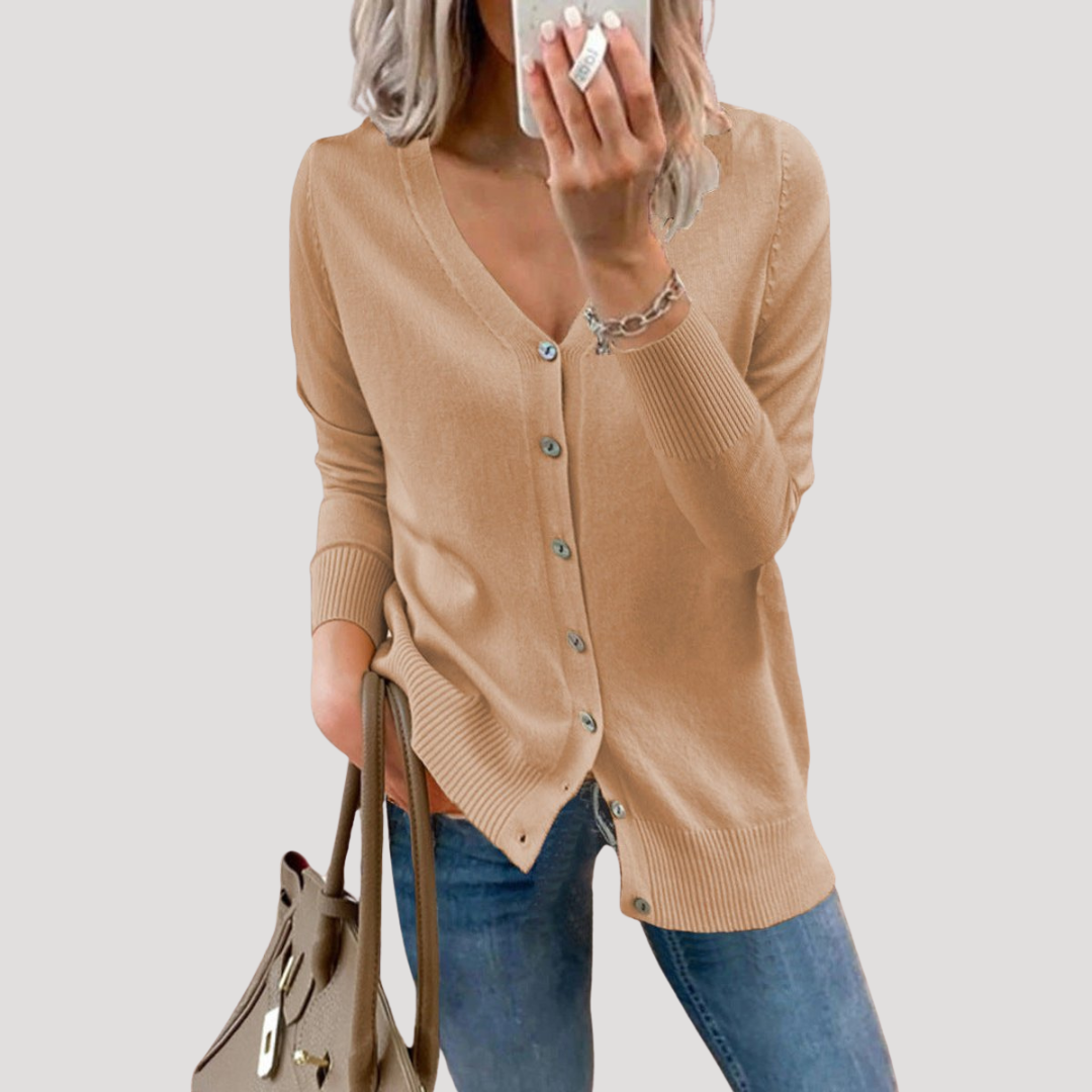 Cardigan Femme en Maille Col V à Poignets Côtelés