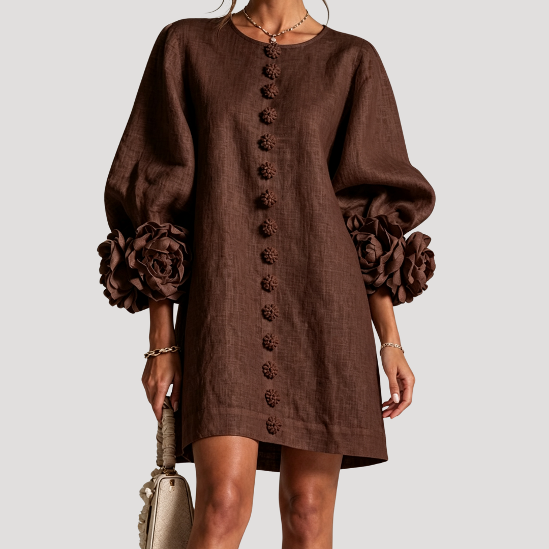 Robe courte femme à manches bouffantes et détails fleuris