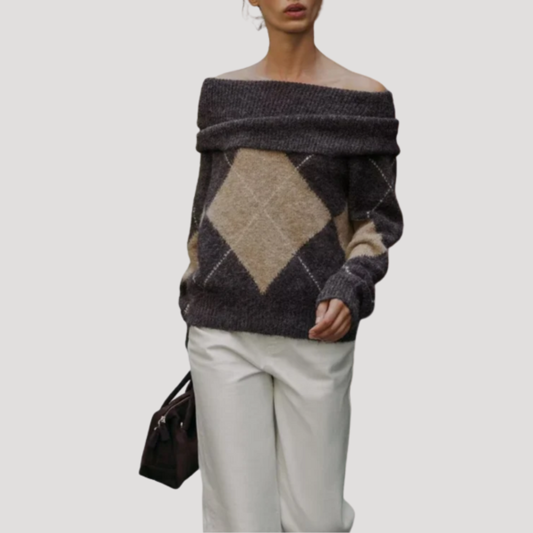 Pull Femme Argyle Épaules Dénudées