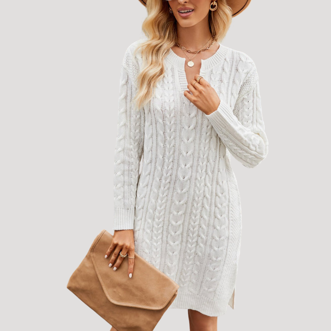 Robe Midi Femme en Maille Torsadée Manches Longues