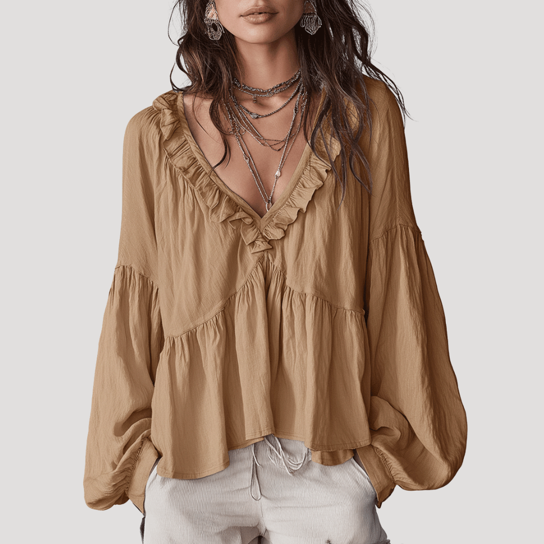Blouse Femme Col V à Volants Manches Longues