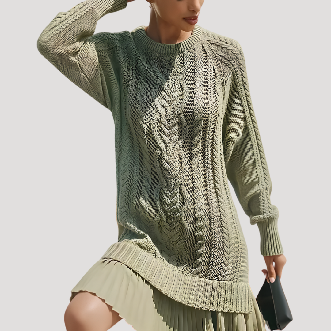 Robe Mini Femme en Maille Torsadée à Ourlet Plissé