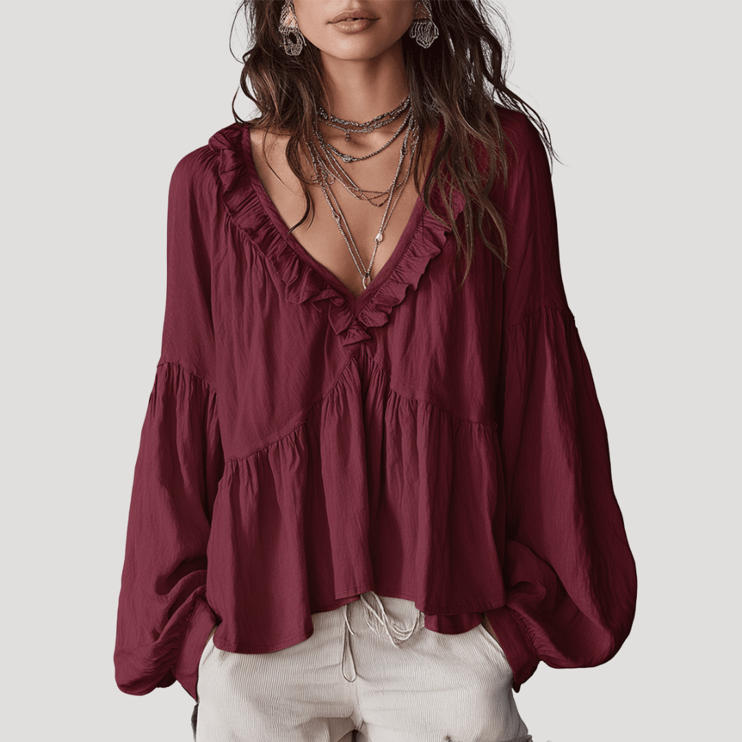 Blouse Femme Col V à Volants Manches Longues
