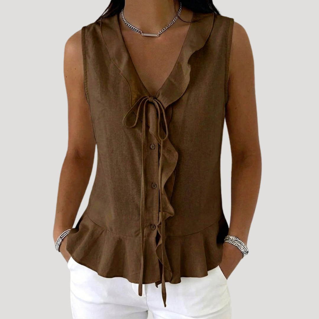 Blouse Sans Manches Col Noué à Volants Femme