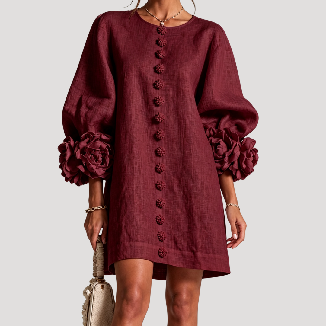 Robe courte femme à manches bouffantes et détails fleuris