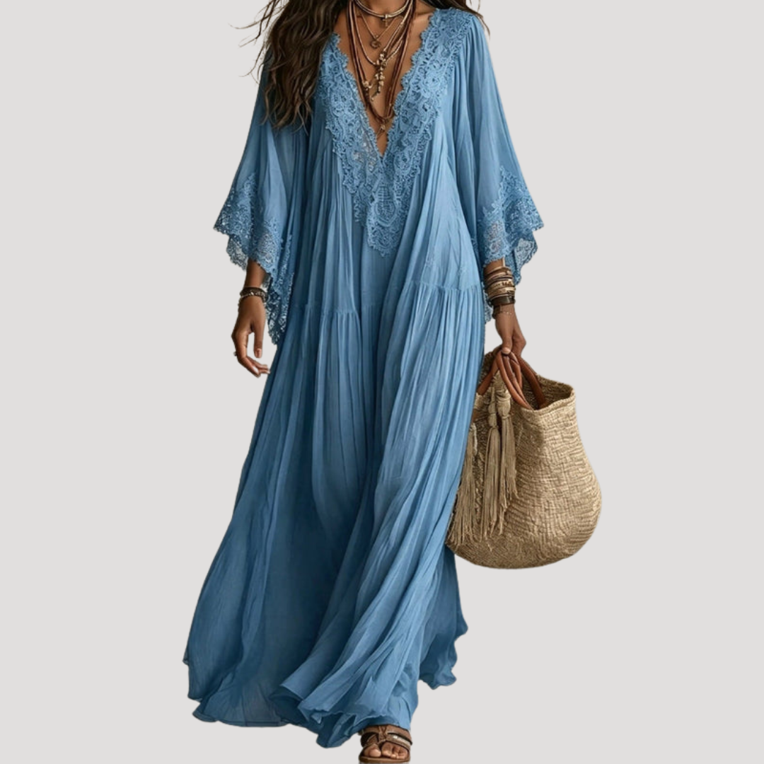 Robe Longue Bohème Femme Col V en Dentelle