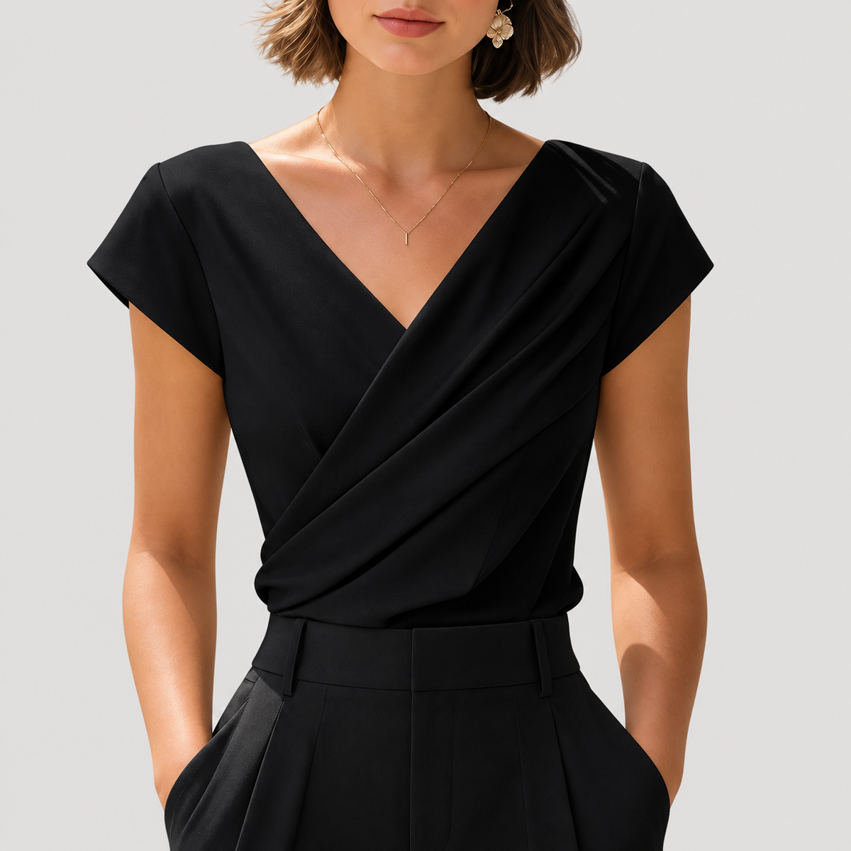 Blouse Cache-Cœur Femme Col V Manches Courtes