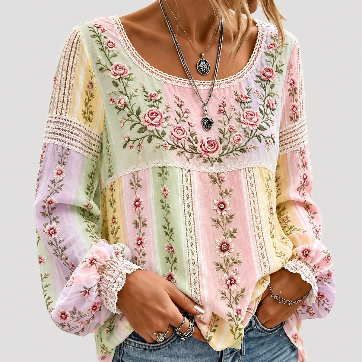 Blouse femme brodée bohème manches longues