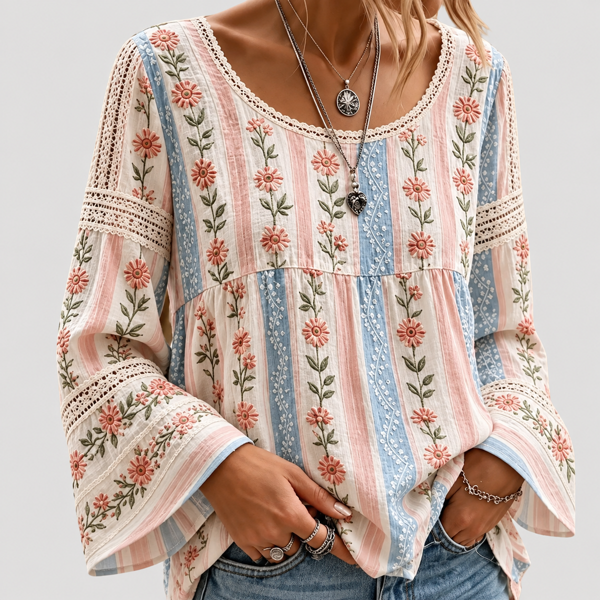 Blouse femme brodée bohème manches longues