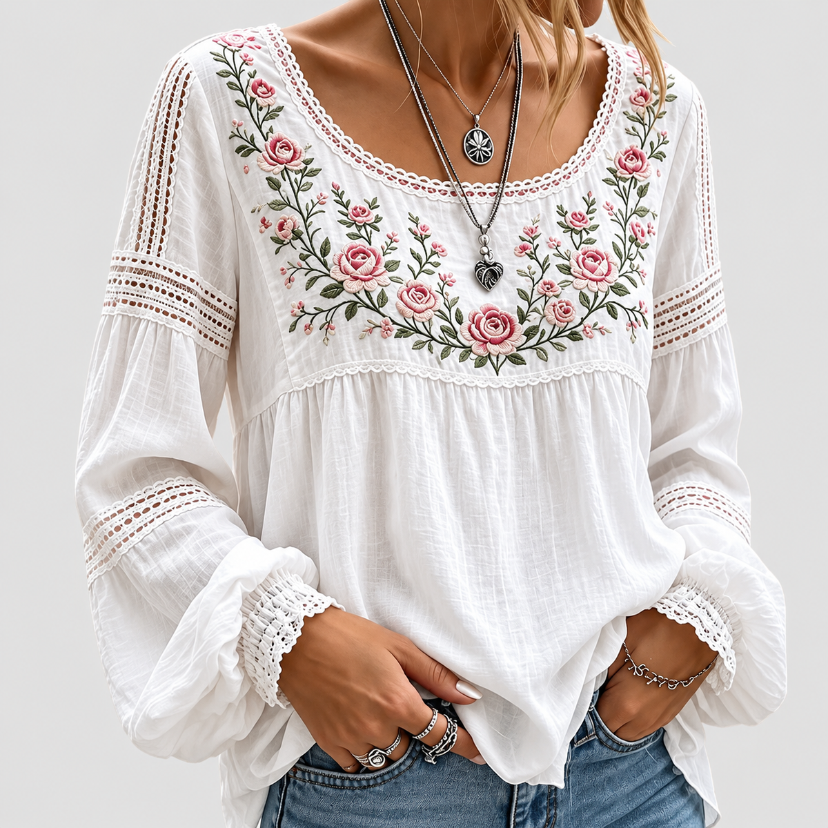Blouse femme brodée bohème manches longues