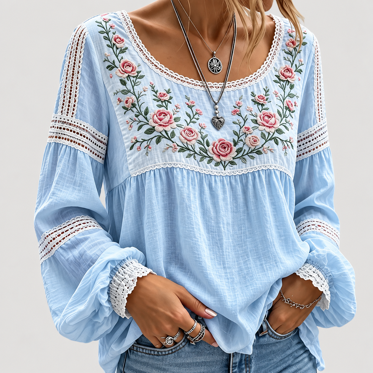 Blouse femme brodée bohème manches longues