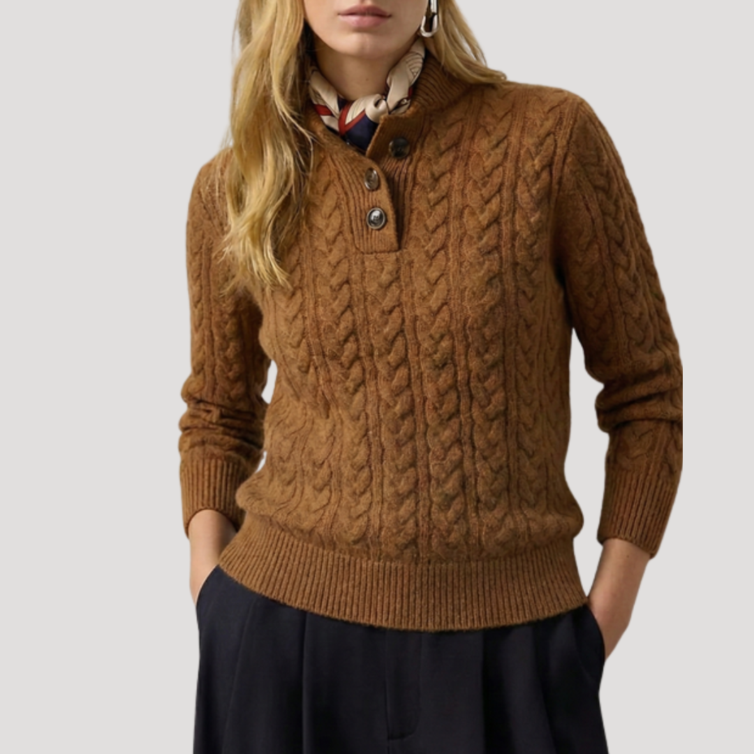 Pull Femme en Maille Torsadée à Col et Patte Boutonnée