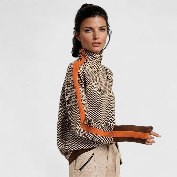 Pull Col Roulé Femme Jacquard Manches Contrastées