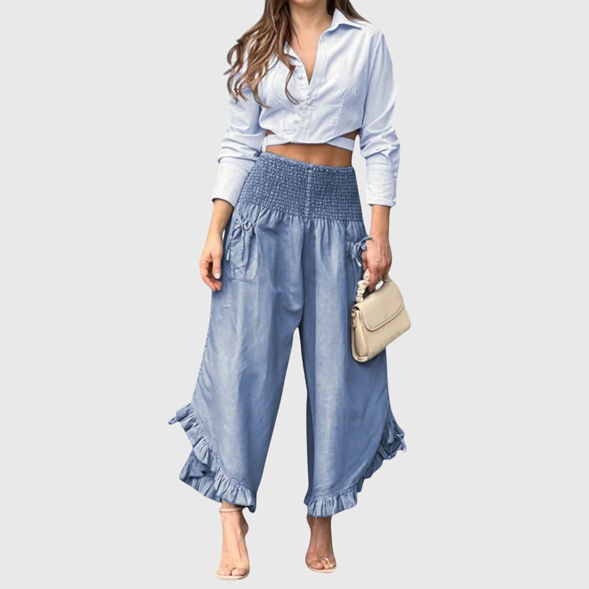 Pantalon Femme Élégant Volants Jambes Larges