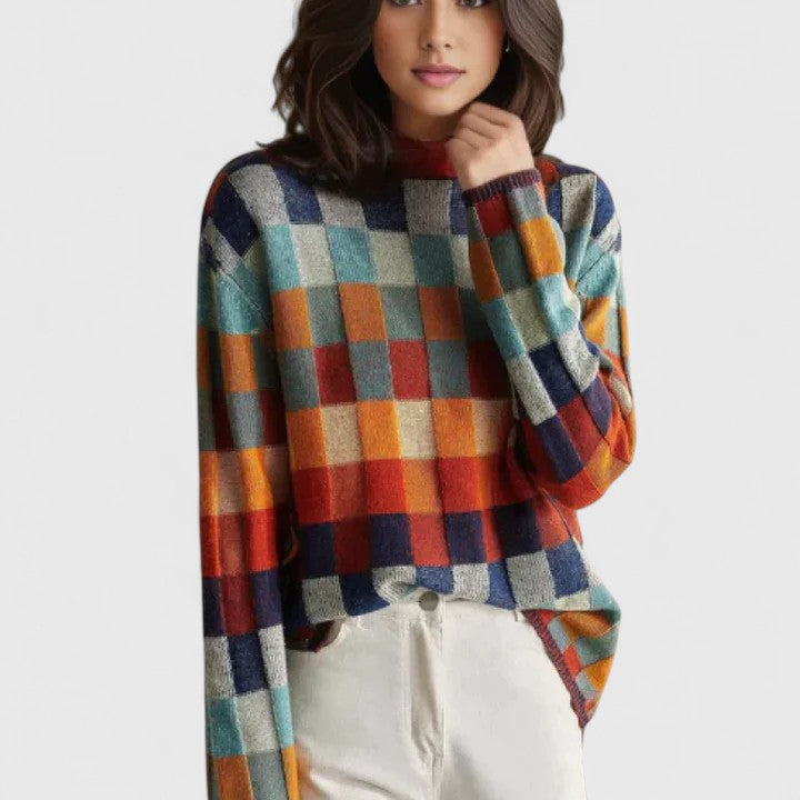 Pull Femme Motif Carreaux Multicolore Décontracté