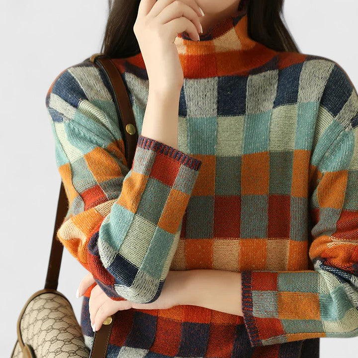 Pull Femme Motif Carreaux Multicolore Décontracté